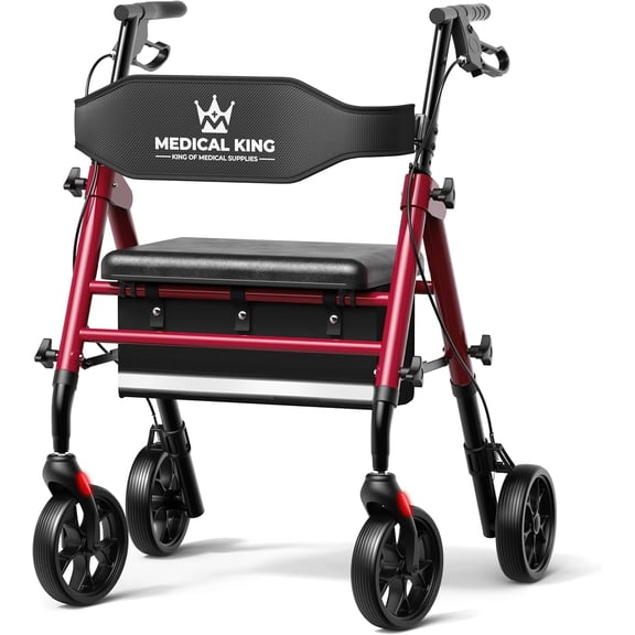 Foldable Rollator Walker with Seat for Seniors, 8″ Wheels, Adjustable Handles, Lightweight, 350 lb Capacity, Storage Pouch Red