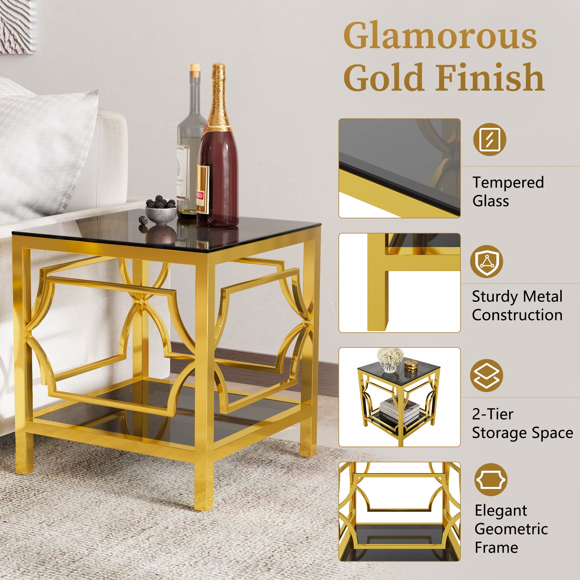 19.7" Round Side Table with Tempered Glass Top, 2-Tier Storage Shelf Modern Small End Table with Metal Frame, Sofa Side Accent Table