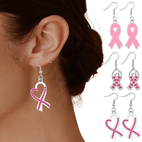 Miguan 9 Pairs Breast Cancer Awareness Ribbon Earrings, Pink Enamel Rhinestone Dangle Earrings for Women, Silver Hook Earrings Set, Cancer Survivor Gift