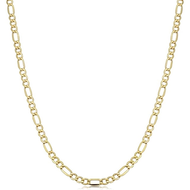 cadena de oro italiano 14k, figaro 3x1 hueca, 55 cm, 2.6mm Collar Figaro 3x1 hueco de oro 14K color oro, vista frontal centrada que muestra la secuencia distintiva de eslabones 3x1 y el brillo dorado; medida 55 cm y peso 2.2 g según especificaciones; a menudo usada sola o en capas con otros collares.