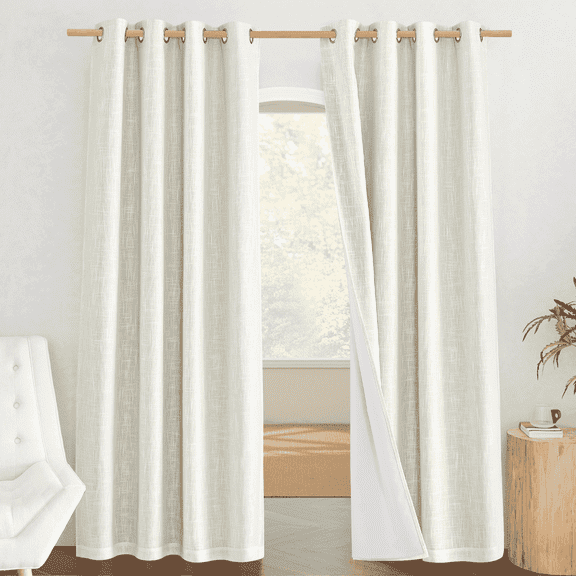 NICETOWN 100% Blackout Linen Curtains, Noise Reducing Energy Saving Drapes with Thermal Insulated White Liner Grommet Privacy Window Treatments for Bedroom, Beige, 52"x84", 2 Panels