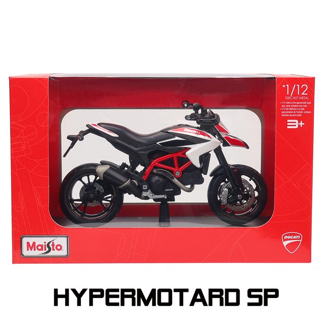 maisto 1:12 bmw kawasaki suzuki yamaha ktm motocicleta de aleación genuina autorizada modelo de fundición a presión juguete colección de coches regalo — Modelo Hypermotard SP escala 1:12 en caja con ventana; motocicleta die-cast de metal blanca, negra y roja con chasis tubular rojo, escape visible, ruedas detalladas y soporte de exhibición, ideal para colección o regalo.