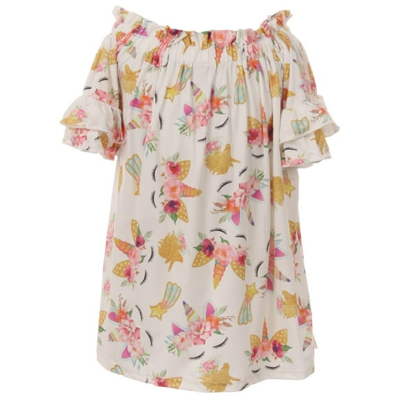 Big Girls' Floral Unicorn Off Shoulder Birthday Party Flower Girl Dress Gold 7 XXL (R197-06)