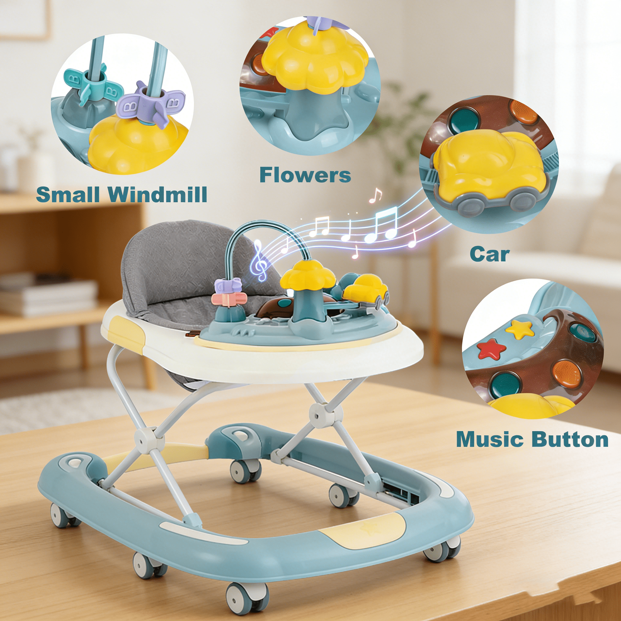 KFeng 4-in-1 Foldable Baby Walker with Toy Tray,3-Level Height Adjustable,Wheels,for Infants 6-24 Months (Dark Green)
