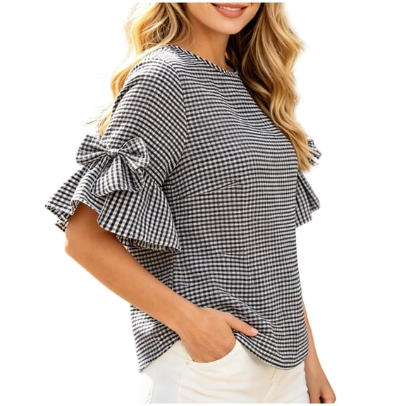 Xaqiouau Womens Gingham Ruffle Bell Sleeve Blouse Casual Crew Neck Check Print Summer Top