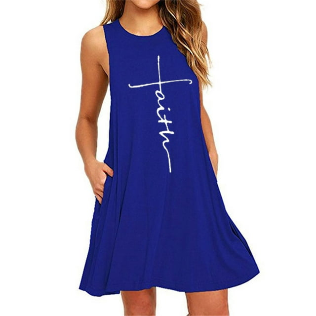MAWCLOS Robe d'Été pour Femme T-shirt Courte Mini Robes Évasées Robe T-shirt Couleur Unie Tunique Bohème Bleu P