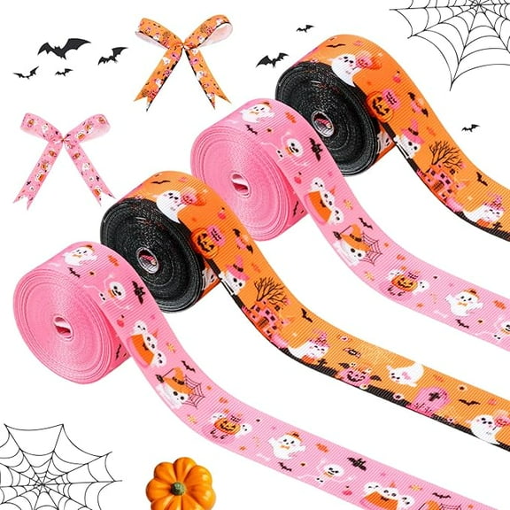 4 Rolls 20 Yards Pink Orange Halloween Grosgrain Ribbon for Girls, Printed with Ghost Bat Spider Web, Gift Wrapping Diaper Cake Decor Halloween Themed Party Decorations Supplies
