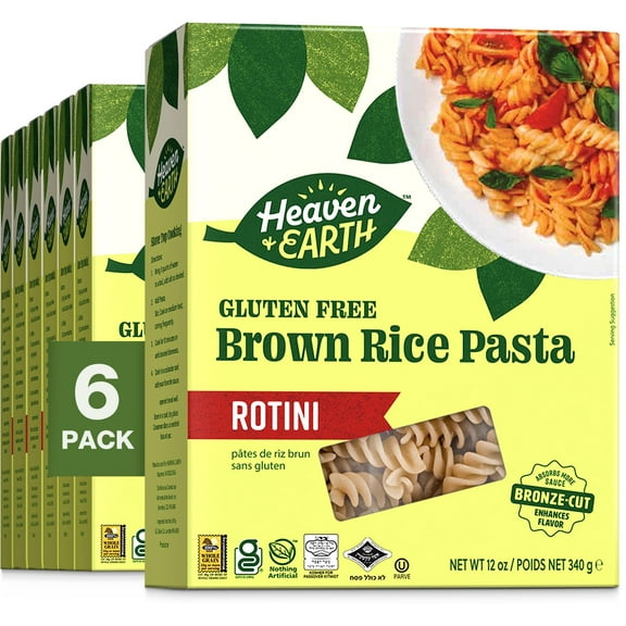 Heaven & Earth Brown Rice Pasta, Gluten Free Rotini, 12oz (6 Pack) | Whole Grain Gluten Free Pasta
