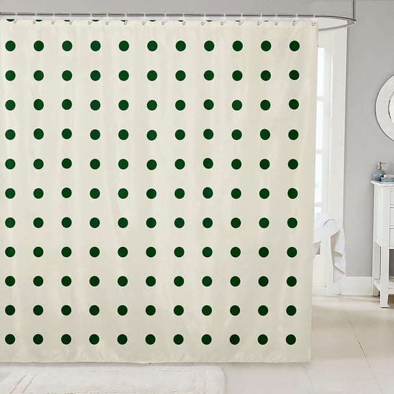 Green Polka Dot Shower Curtain Cream Fabric Waterproof Bathroom Decor 71x71 inches
