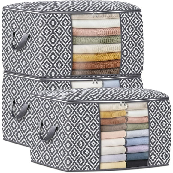 Direct 100L, 3 Pack, Storage Containers, Large Clothes Bins Foldable Organization and Bags with Reinforced Handle, Clear Window for Bedding, Blankets, Clothing, Grey