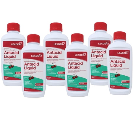 Leader Maximum Strength Antacid Liquid with Aluminum Hydroxide, Simethicone, Antacid/Antigas for Heartburn, Acid Indigestion, Pressure & Bloating, Cherry Flavor 12 FL oz - 6 Pack
