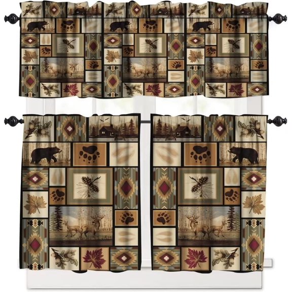 Rustic Moose Deer Curtain Set, Vintage Cottage Country Style Lodge Cabin Elk Pine Tree Window Valances and Tier Set for Kitchen Living Room Caf Dcor