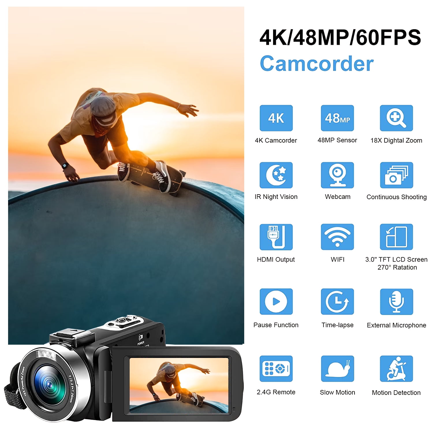 KLIOMAX 4K Video Camera Camcorder 48MP Auto Focus Vlogging Camera for YouTube 60FPS 18X Zoom Digital Video Camera with WiFi, Webcam, Mic, Stabilizer, 64GB SD Card, Card Reader, Remote Control
