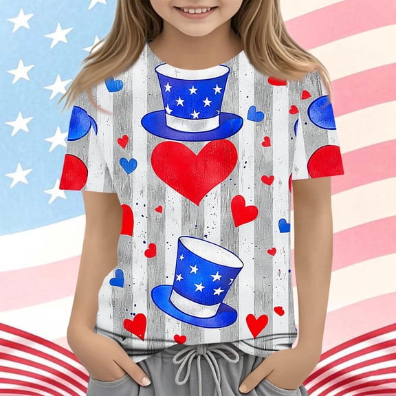 SGFCWSX Girls T Shirts Crew Neck Short Sleeve American Flag Print 4th of July Casual Tops for Teens Gray Size 14