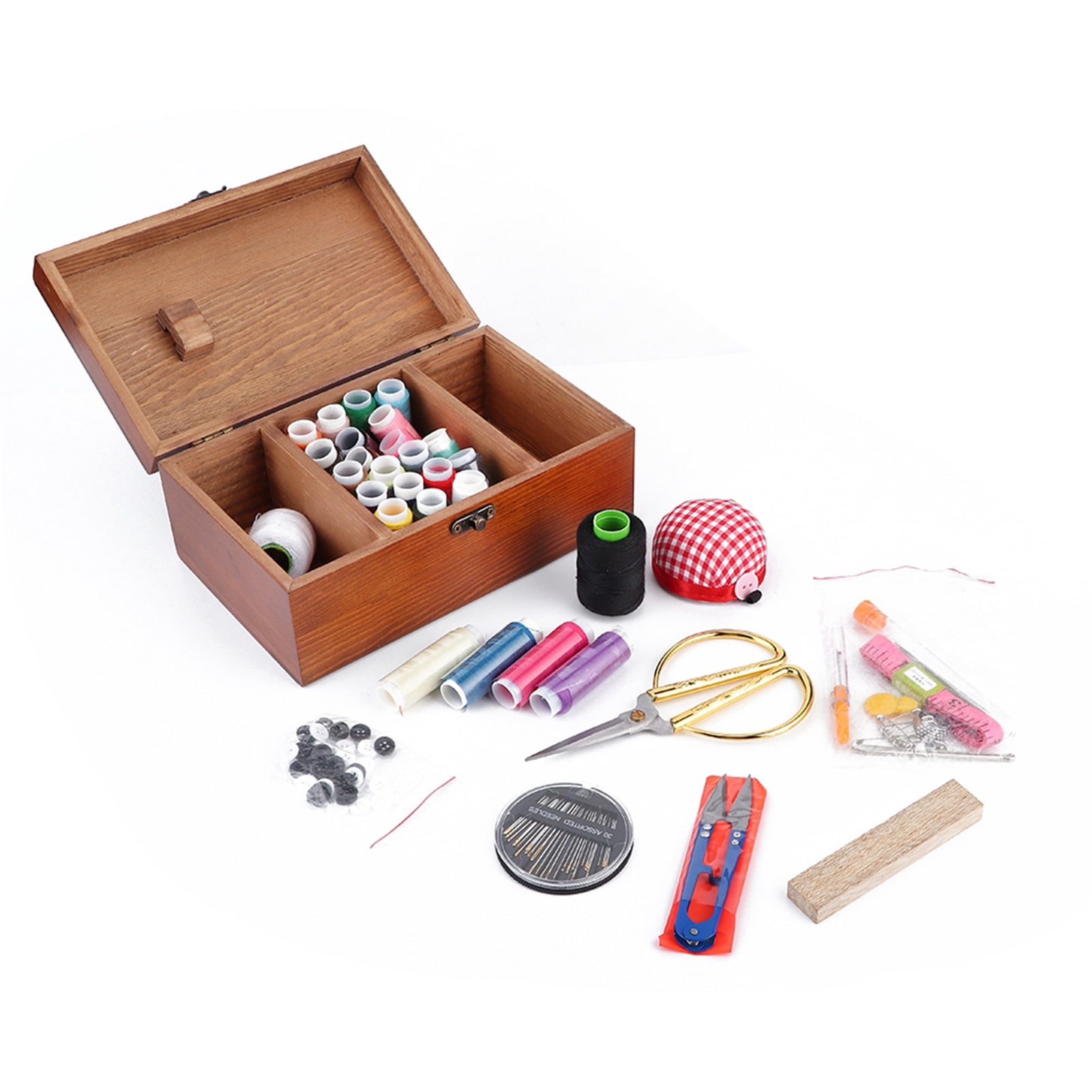 Household Thread Box, Portable Craft Sewing Organizer with Thread Tray, Vintage Wooden Storage Case,Needle Thread Storage Case Organizer DIY Sewing Tools[Sewing Kit Box]