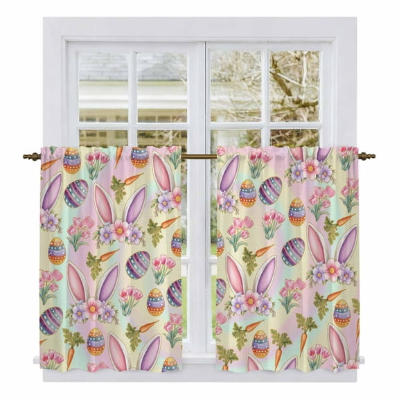 Easter Kitchen Curtain for Berdoom Living Room Cafe 45 Inch Length, Spring Colorful Rabbit Ears Eggs Flowers Carrots Tiers Curtains Light Filtering Drapes Window Treatment 2 Panels 52"Wx45"L