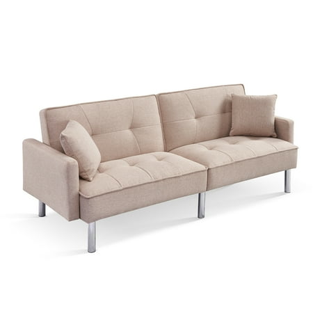 HomeStock Retro Renaissance Tufted Futon Convertible Sofa Sleeper with Two Throw Pillows in Beige Velvet