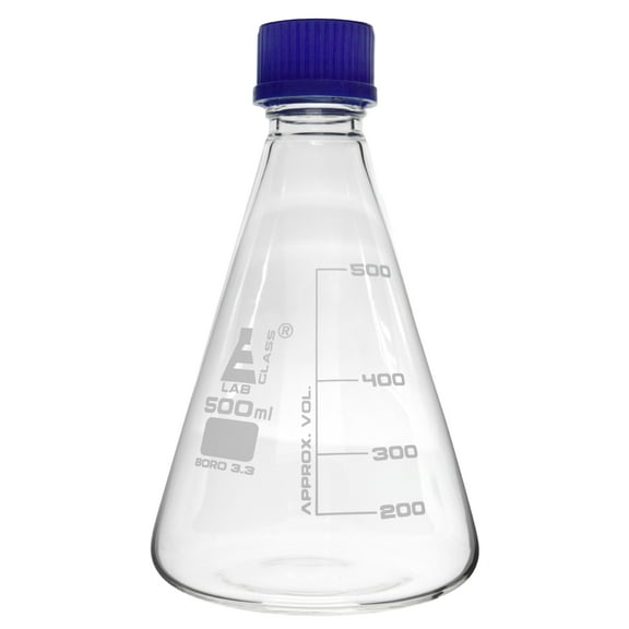 Erlenmeyer Conical Flask, 500ml, with Teflon Lined Screw Cap, Borosilicate Glass - White Graduations - Eisco Labs