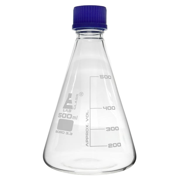 Erlenmeyer Conical Flask, 500ml, with Teflon Lined Screw Cap, Borosilicate Glass White