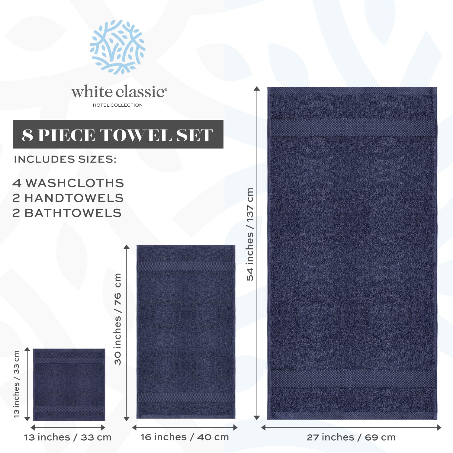 White Classic Luxury Navy Blue Bath Towel Set - Hotel Soft Cotton 2/Bath 2/Hand 4/Wash - 8 Piece - image 3 of 9