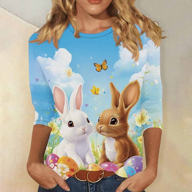 TaTaai Women Crew Neck 3/4 Sleeve Pullover Tee Easter Print Casual Top Ladies Spring Daily Commute Wear Lightweight Breathable Non-See-Through No Fading Comfortable Fashion Top Gift