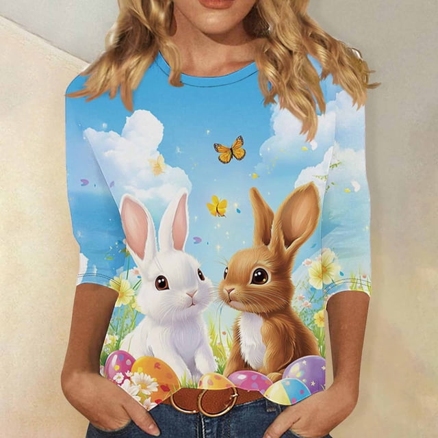 TaTaai Women Crew Neck 3/4 Sleeve Pullover Tee Easter Print Casual Top Ladies Spring Daily Commute Wear Lightweight Breathable Non-See-Through No Fading Comfortable Fashion Top Gift