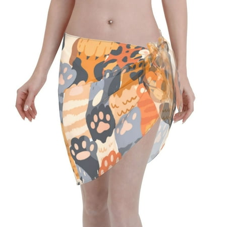 Qekee Cute Cat Paw Women s Short Sarongs Cover Ups Sheer Bikini Wraps for Swimwear