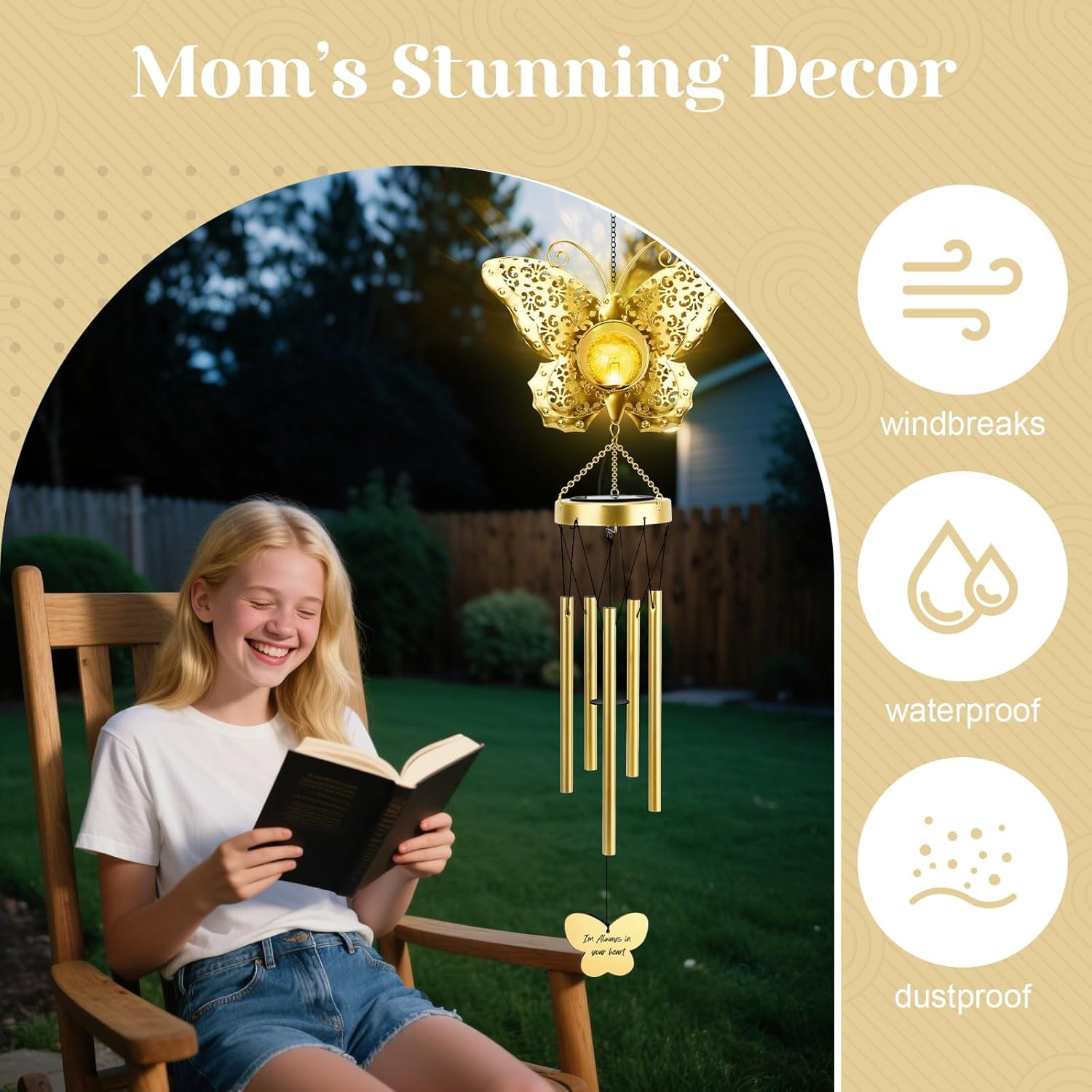 JYPS Butterfly Solar Wind Chimes with Crackle Glass Ball, 42-Inch Large Waterproof Outdoor Garden Decor for Patio Yard, Unique Gifts for Women Mom Grandma, Mother's Day Birthday Easy-Install Design