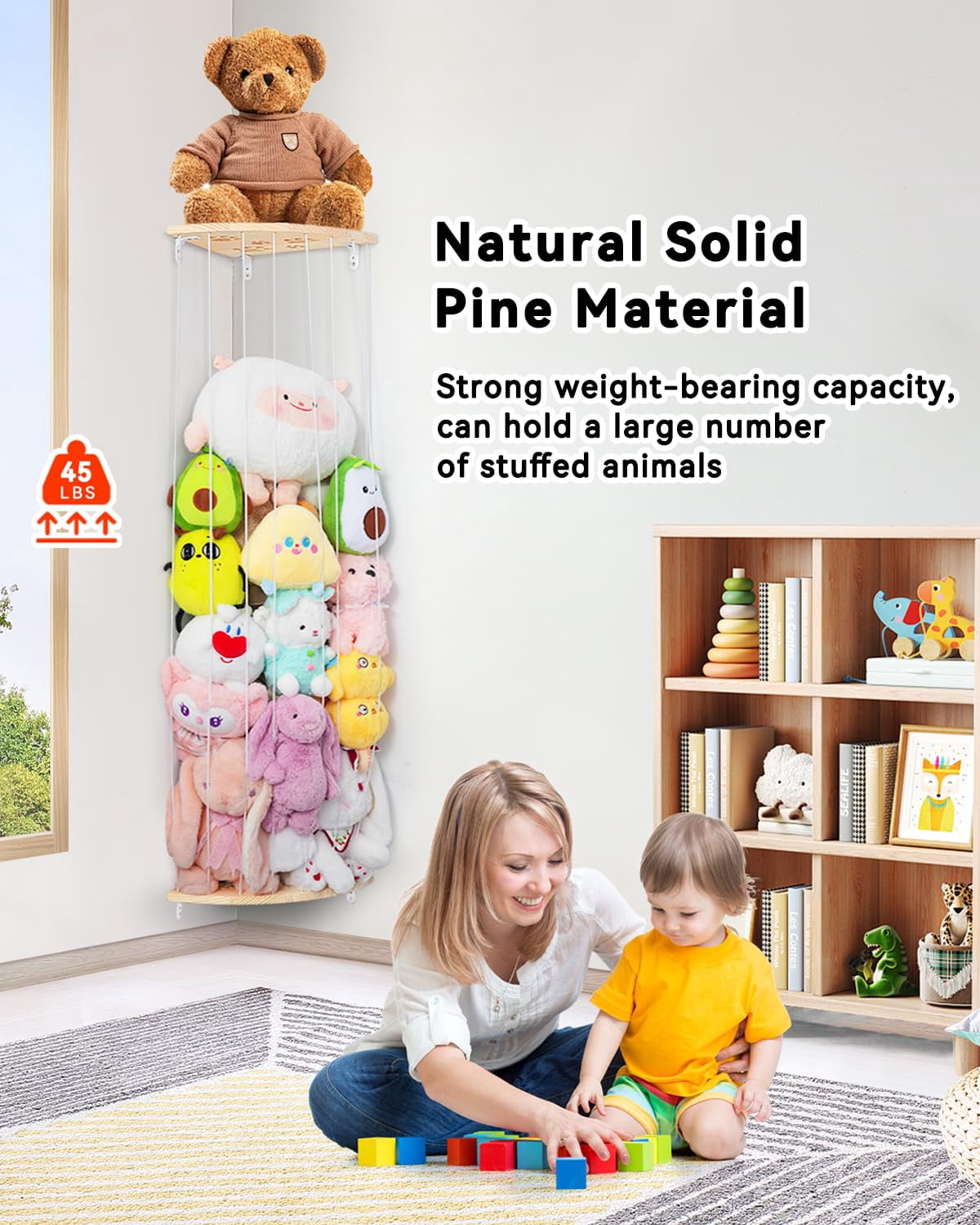 Corner Stuffed Animal Storage Net - Heigh Adjustable Wood Stuffed Animal Organizer - Large Wall Plush Holder Teddy Bear Storage for Bedroom Kids Room Nursery Decor