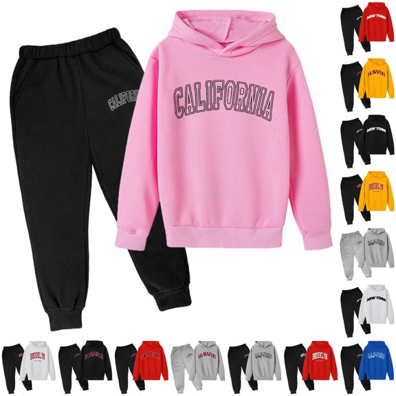 WhouRiu Boys Girls Autumn Casual Outfits Kids Unisex Letter Graphic Pullover Hoodies And Pants Sets