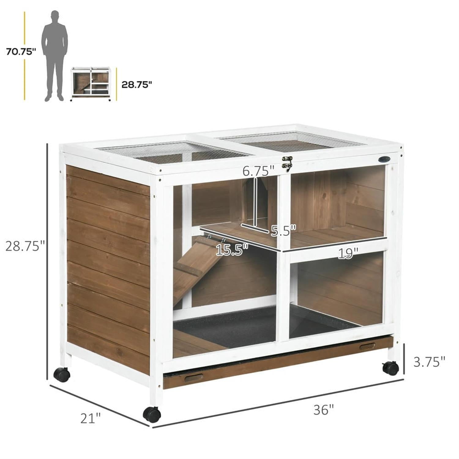 Kadyn 36" Indoor Wooden Rabbit Hutch with Openable Roof, Removable Tray and Wheels, Outdoor Bunny Cage for Bunnies, Guinea Pigs, Brown