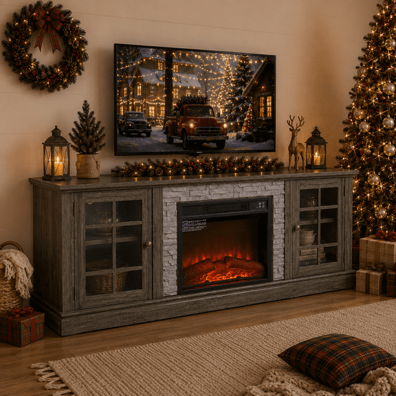 PAPROOS 70" Fireplace TV Stand for TVs up to 75", Farmhouse Entertainment Center with 23" Electric Fireplace, Faux Stone Media Console with Glass Doors and Adjustable Shelves, Gray