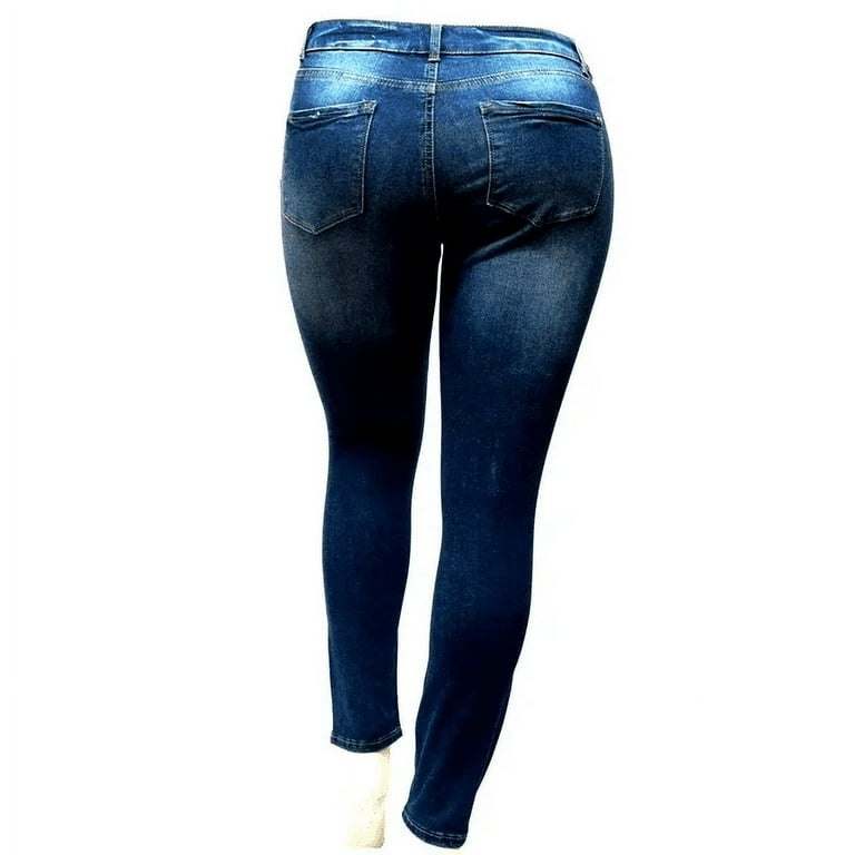 Women's Essential High Rise Distressed Skinny Jeans, Blue / 1X - Plus Size