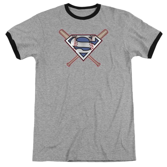 Superman Crossed Bats Adult Ringer T-Shirt Heather Black