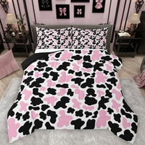 Manfei Milk Cattle Print Full Size Comforter Sets,Rustic Farm Animal Bedding Comforter Set,Pink White Black Bedding Sets For Teens,Luxury Bedroom Decor Reversible,3-Piece