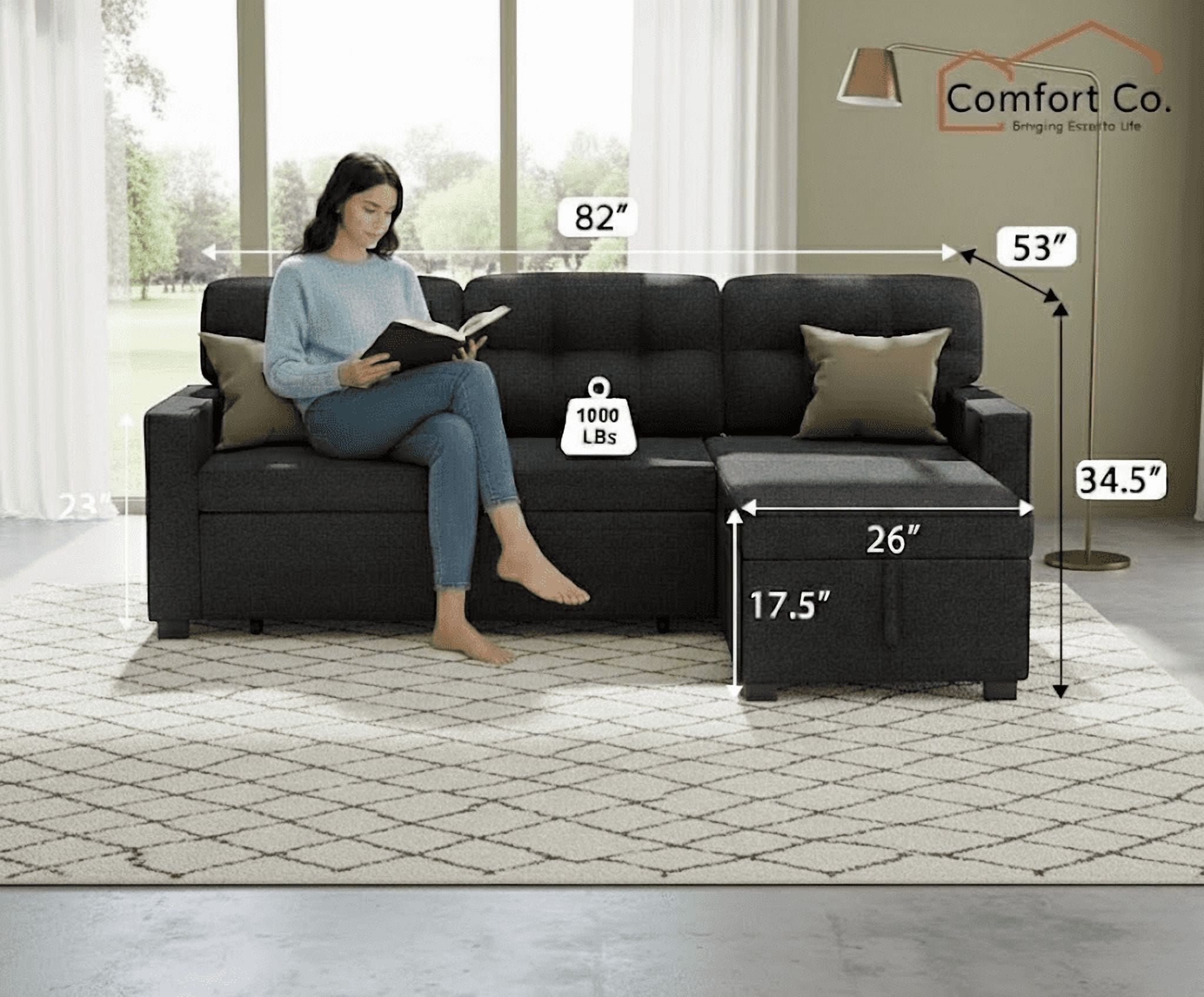 Howcool 82" Sectional Sofa Bed, L-Shaped Sleeper Pull Out Couch with Storage Chaise & USB Charging Ports, Linen Fabric for Small Apartment Living Room,Dark Grey(Thick Sponge)