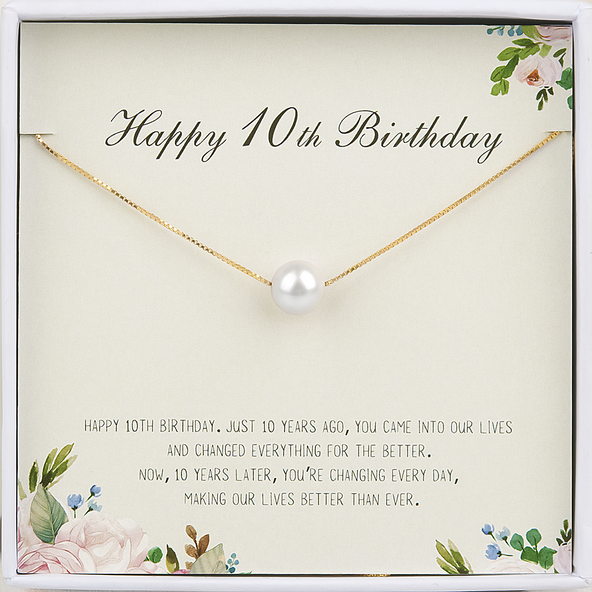 Anavia Happy 10th Birthday Pearl Necklace Card Gift, Tenth Birthday Necklace for Girl, Gift for 10 Year Old Girl Gifts, Double Digits Birthday -[White
