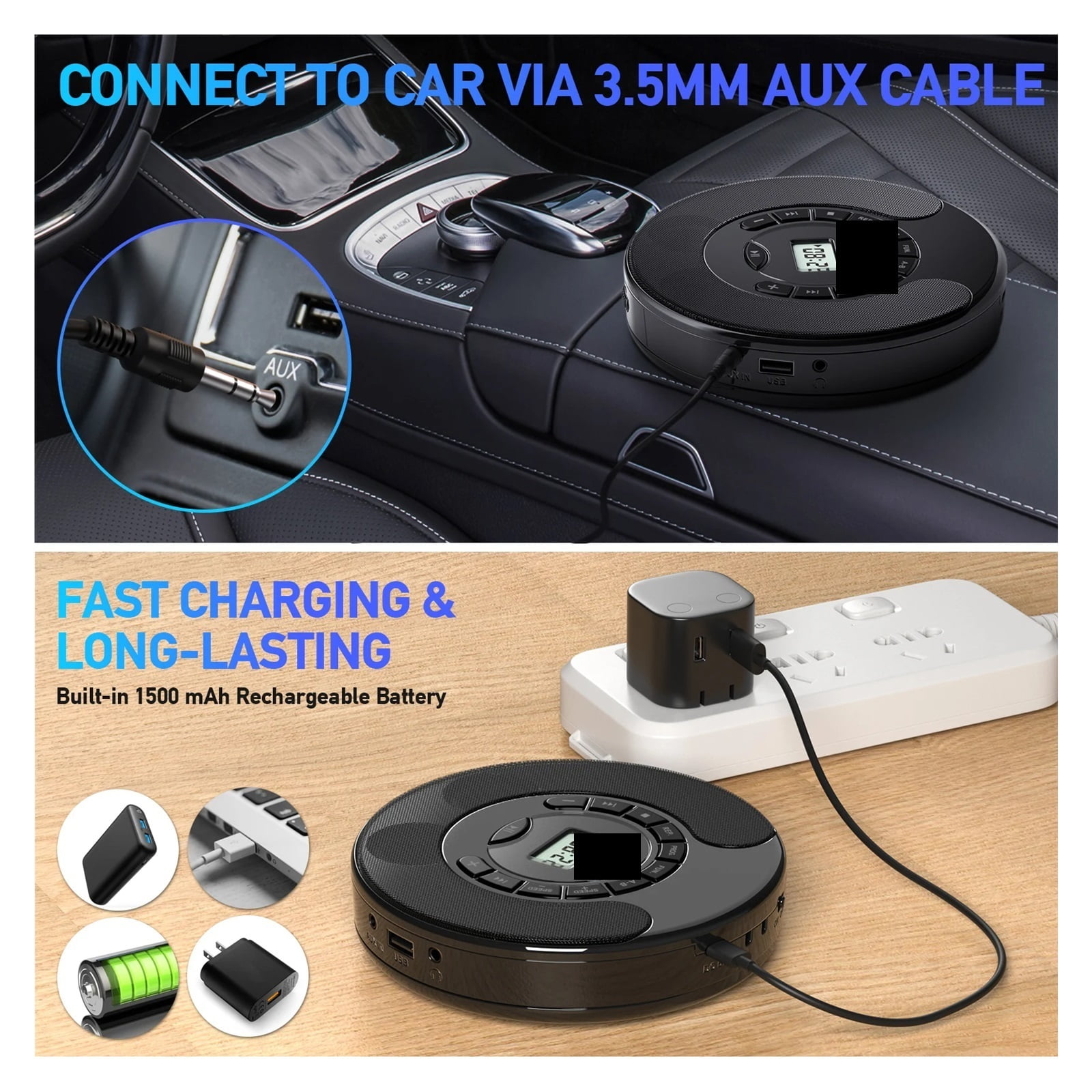 CD Player Portable Rechargeable Player Supports CD/CD-R/CD-RW/MP3 and USB with Headphone