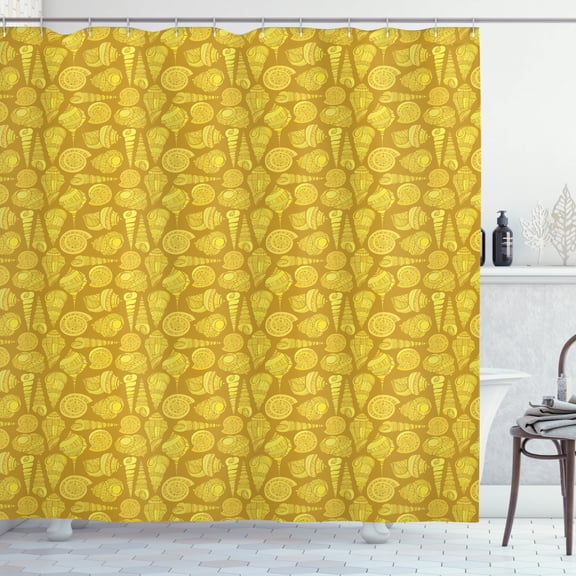 Shells Shower Curtain, Stylized Ornamental Illustration of Long Tail Cabrits Murex, Fabric Bathroom Set with Hooks, 69W X 75L Inches Long, Earth Yellow Mustard and Yellow, by Ambesonne