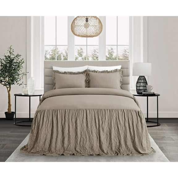 Chic Home Ashford Quilt Set Crinkle Crush Ruffled Drop Design Bed In A Bag Bedding - Sheets Pillowcases Pillow Shams Included - 7 Piece - Queen 80x60", Taupe