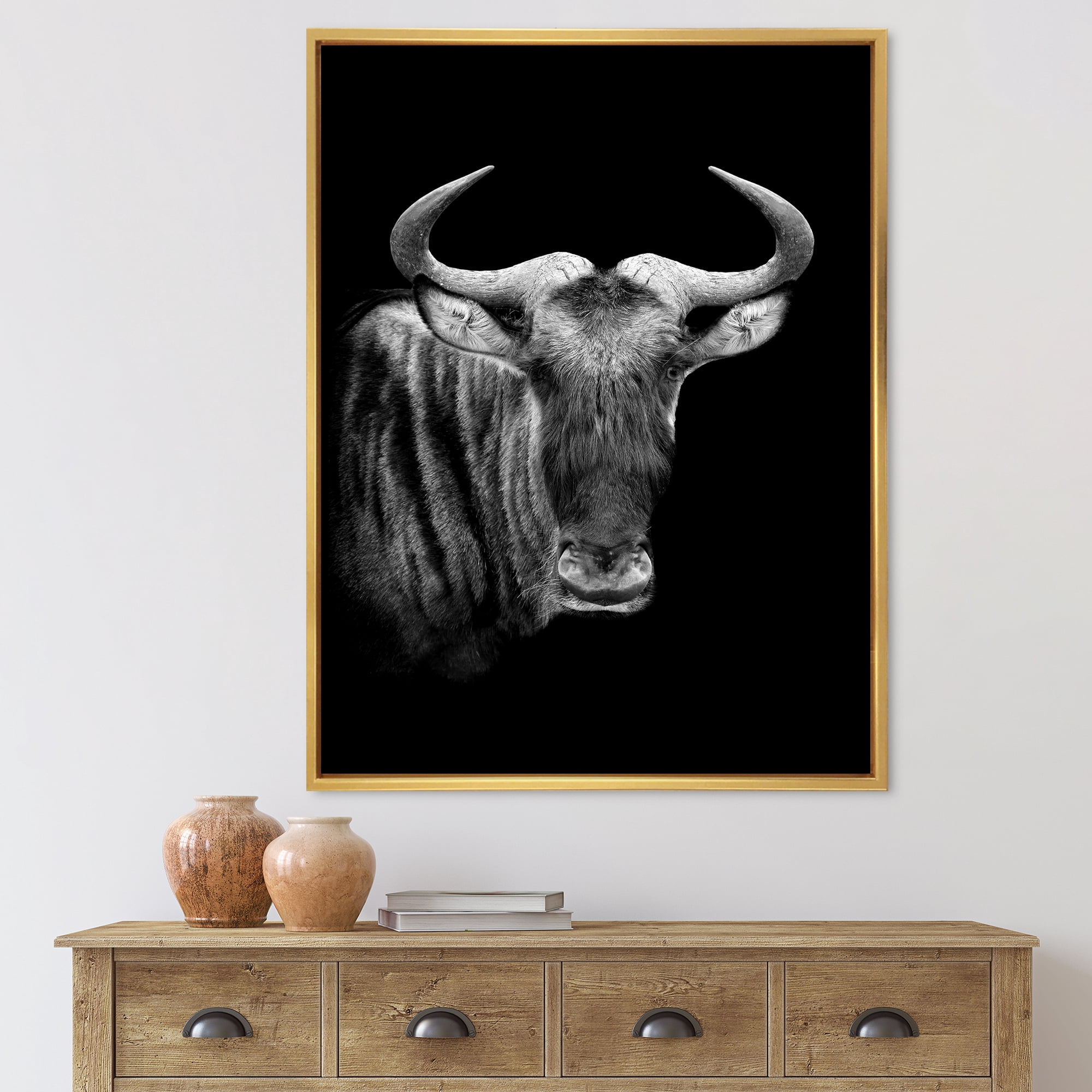Designart 'Black and White Portrait Of Wildebeest' Farmhouse Framed Canvas Wall Art Print