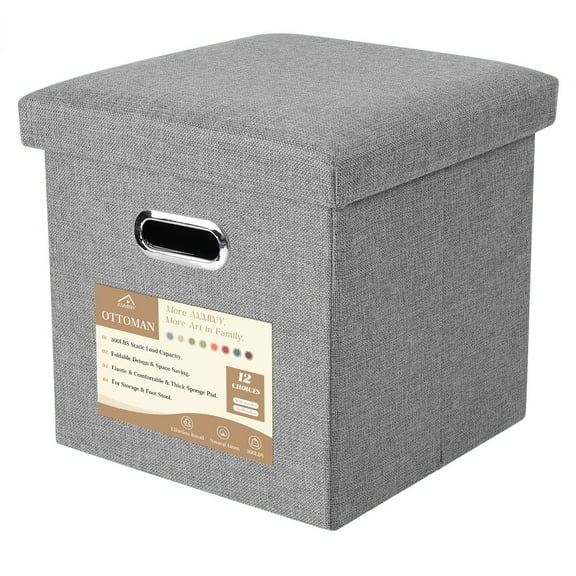 ANMINY 11.8" Folding Storage Ottoman Cube with Handles Space-Saving Storage Toy Box Foot Rest Stool Seat, Gray
