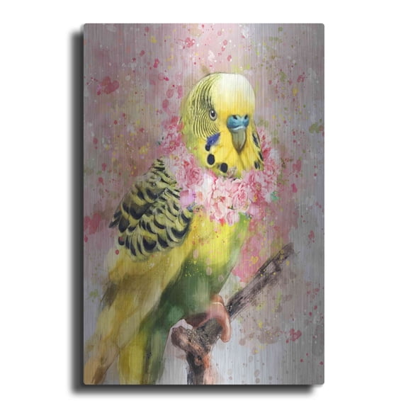 Luxe Metal Art 'Flower Crown Parakeet' by Furbaby Affiliates, Metal Wall Art, 16"x24"