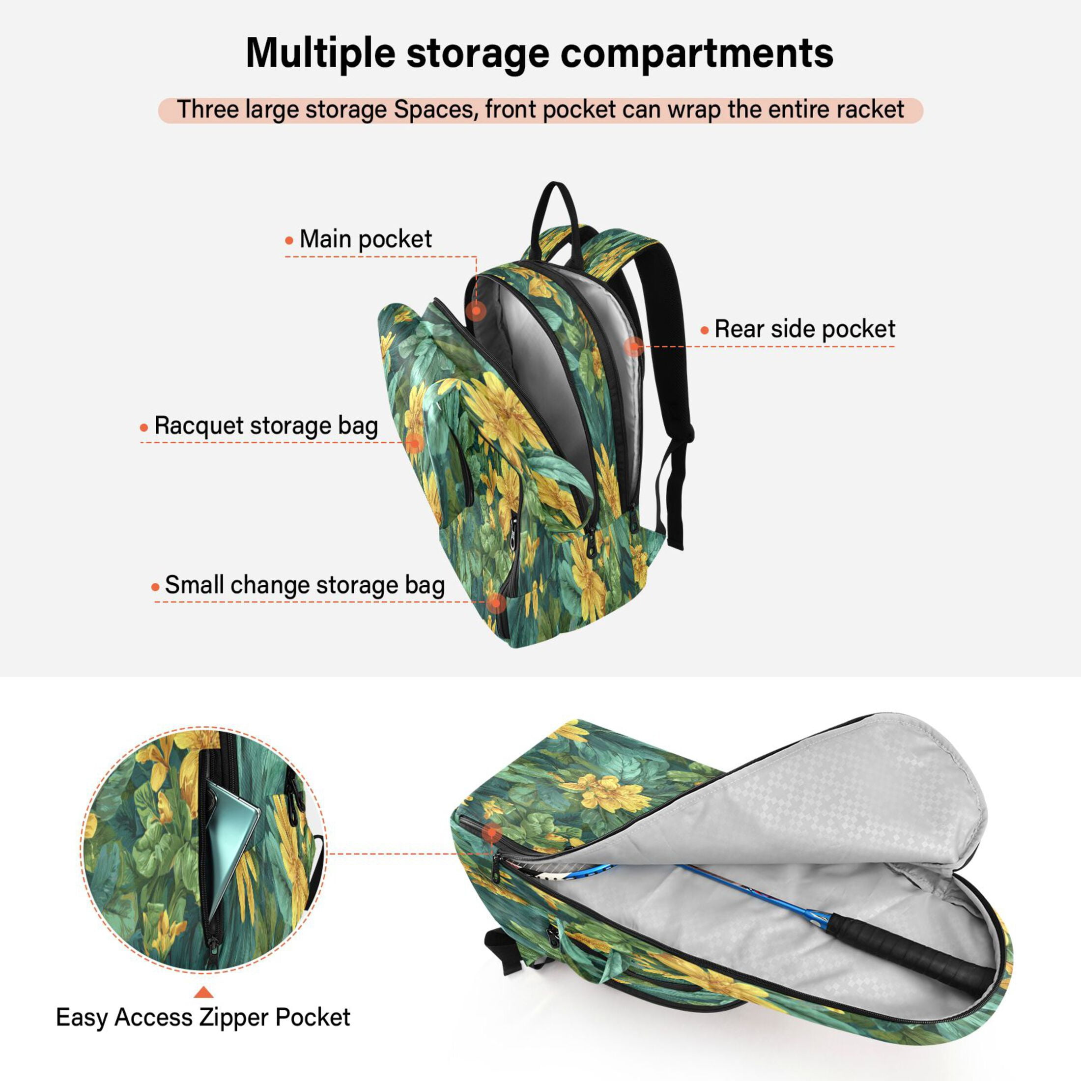 2 Racquet Holder Tennis Backpack Tennis Racket Covers Gym Bags Yellow Chrysanthemum