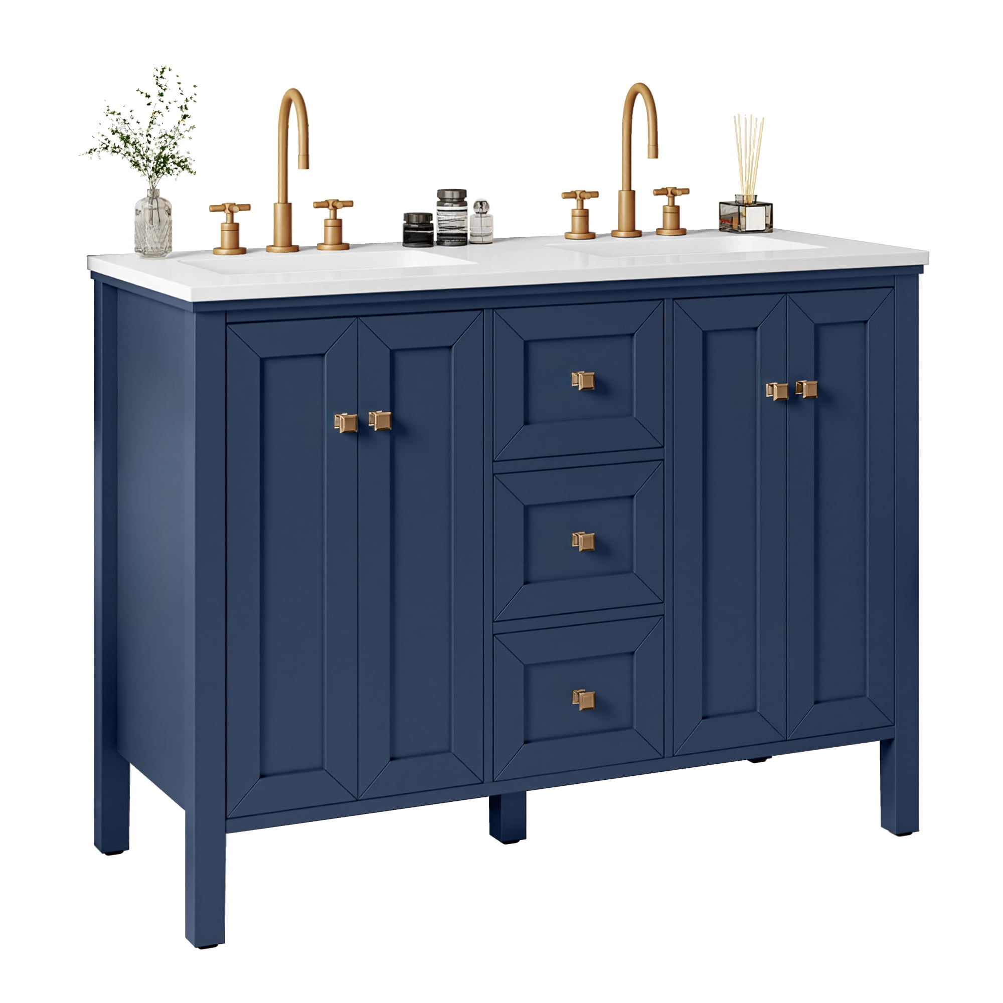 Uforic 47 Inch Bathroom Vanity with Double Sink, Retro Style, Sintered Stone Countertop, 4 Doors & 3 Drawers, 6 Pre-drilled Faucet Holes, Blue