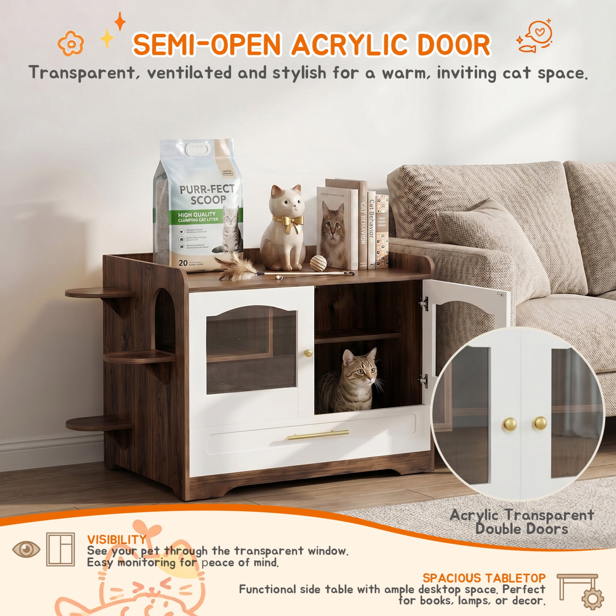 HOQBN Cat Litter Box Enclosure Furniture, Dog Proof Hidden Litter Box Cabinet with Acrylic Door, Extra Long Runway & Storage Drawer, Indoor Cat Play Area Brown+White