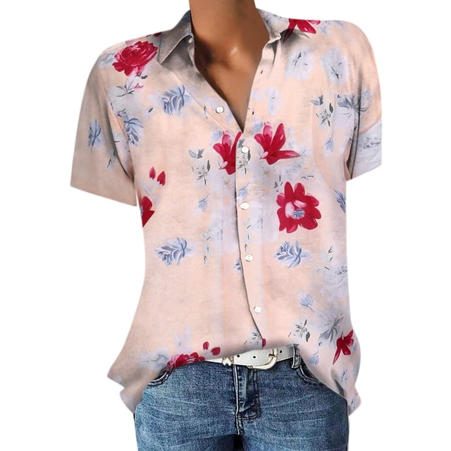 Birdeem Chemises d'Été pour Femmes, Hauts à Manches Courtes Col à Revers avec Boutons Imprimé Floral