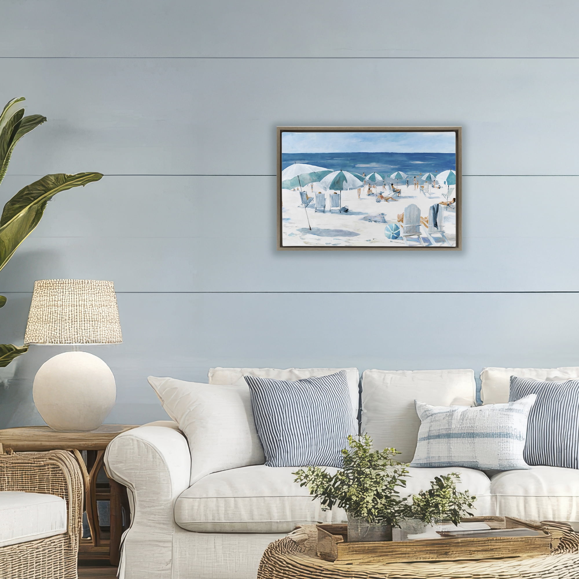 Stupell Industries Umbrella Beach Coastal Scene Brown Framed Floater Canvas Wall Art, design by Lorenzo Collective