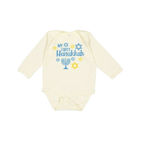

Inktastic My 1st Hanukkah with Menorah and Stars of David Gift Baby Boy or Baby Girl Long Sleeve Bodysuit