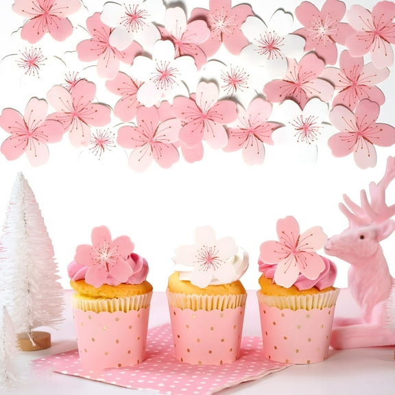 NERAVO 60 Pcs Edible Flowers Cake Topper Cupcake Toppers Decorations Wafer Paper Pink Cherry Blossom Flowers Wedding Themed Party Birthday Cake Decoration